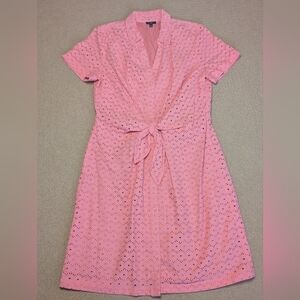 Talbots Coral Pink Eyelet Tie Front Button Down Shirt Dress